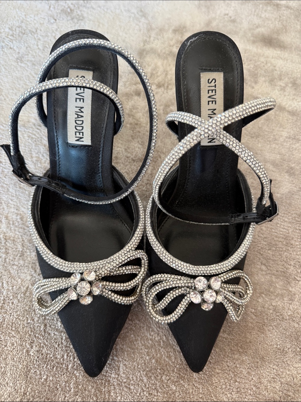 Steve Madden Black Satin Pointed Heels with Crystal Embellishments